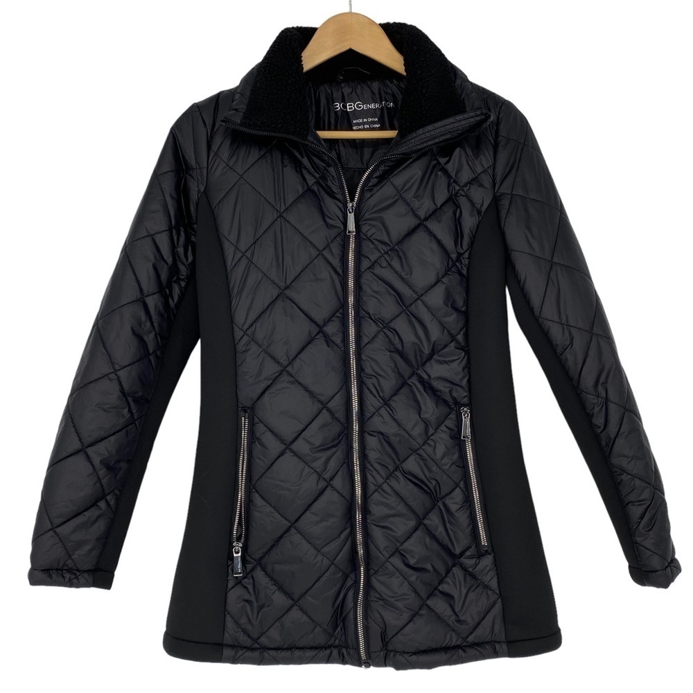 BCBG Generation black quited puffer jacket coat stretch side panels wms sz small